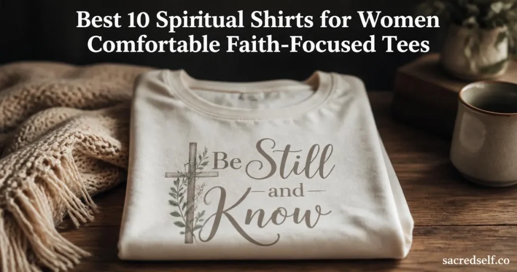 Cozy flat-lay of a folded women's 'Be Still and Know' graphic tee with a subtle cross pendant, soft window light, dark muted background, centered title text at top and small 'sacredself.co' watermark bottom right.