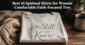 Cozy flat-lay of a folded women's 'Be Still and Know' graphic tee with a subtle cross pendant, soft window light, dark muted background, centered title text at top and small 'sacredself.co' watermark bottom right.