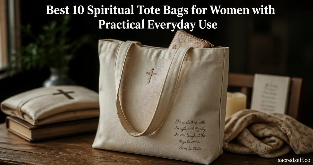 Candid 16:9 photo of a large aesthetic canvas tote with an embroidered cross and subtle Bible verse, arranged on a rustic table with blurred supporting items; dark muted background, white title at top and small "sacredself.co" watermark bottom right.