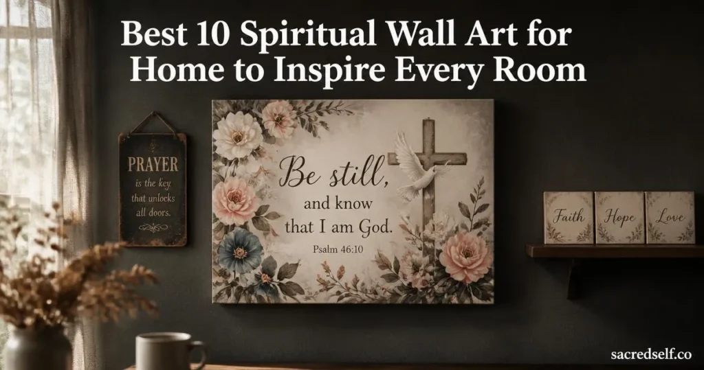 Cozy 16:9 photo of a Floral Scripture canvas centered on a dark wall with a vintage prayer tin and a small zen wood plaque; top-centered white title overlay reads "Best 10 Spiritual Wall Art for Home to Inspire Every Room" and a small "sacredself.co" watermark sits in the bottom-right.