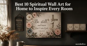 Cozy 16:9 photo of a Floral Scripture canvas centered on a dark wall with a vintage prayer tin and a small zen wood plaque; top-centered white title overlay reads "Best 10 Spiritual Wall Art for Home to Inspire Every Room" and a small "sacredself.co" watermark sits in the bottom-right.