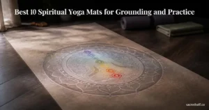 16:9 photorealistic image of a chakra meditation beach mat unrolled on a dark floor with a prominent chakra symbol, soft bokeh background, large white title at top and small 'sacredself.co' watermark bottom right.