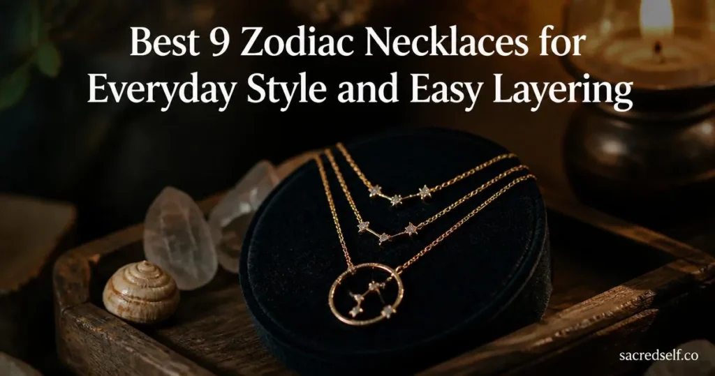 Candid 16:9 photo of a 3-piece gold plated constellation layered necklace draped on a dark velvet dish on a wooden tray, zodiac constellation pendant visible; white title text at top reading "Best 9 Zodiac Necklaces for Everyday Style and Easy Layering" and small "sacredself.co" watermark at bottom right.