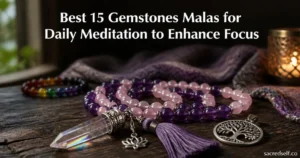 Photoreal 16:9 scene of an amethyst and rose quartz mala with prism pendant on a dark wooden table, lotus charm nearby, soft natural light and bokeh background, large white title centered at top and small 'sacredself.co' watermark bottom right.