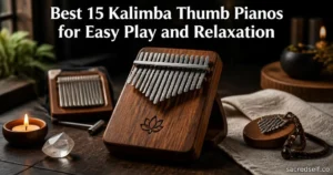 Cozy 16:9 photorealistic scene of a mahogany 17-key kalimba gift set as the hero on a dark wooden table with two supporting kalimbas, candle and crystal; large white title centered at top and small 'sacredself.co' watermark bottom right.