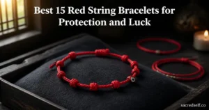 Close-up photorealistic 7-knot red string bracelet on a dark tray with soft bokeh background, title at top and small "sacredself.co" watermark bottom right.