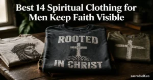 Photorealistic 16:9 still life of a men's 'Rooted in Christ' tee front and center with two folded faith shirts, large white title at top and small 'sacredself.co' watermark bottom right.