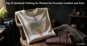 Cozy candid 16:9 photo of a chakra-lotus spiritual yoga t-shirt draped on a wooden chair with boho pants and a maxi skirt nearby, dark muted background, large white title at top and small 'sacredself.co' watermark bottom right.