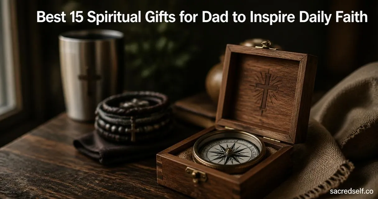 Photorealistic still life of an engraved faith compass in an open wooden box on a dark wooden table with blurred spiritual gifts in the background, large white title centered at top and small "sacredself.co" watermark bottom right.