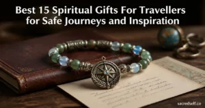 Photorealistic 16:9 image of a compass charm travel bracelet draped over a leather passport on a dark wooden table, soft bokeh background, large white centered title at top and small 'sacredself.co' watermark bottom right.