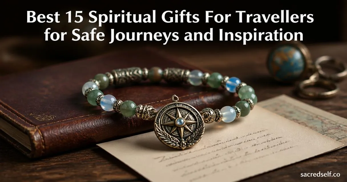 Photorealistic 16:9 image of a compass charm travel bracelet draped over a leather passport on a dark wooden table, soft bokeh background, large white centered title at top and small 'sacredself.co' watermark bottom right.