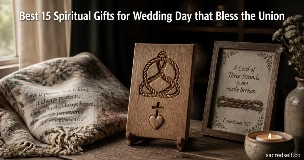 Cozy 16:9 photorealistic still-life of a wooden marriage blessing plaque with carved braided unity cord, cross and heart, flanked by a framed cord-of-three unity sign and a folded floral marriage prayer throw blanket; dark muted background, large white title centered at top, small 'sacredself.co' watermark bottom right.