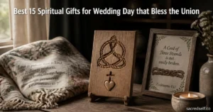 Cozy 16:9 photorealistic still-life of a wooden marriage blessing plaque with carved braided unity cord, cross and heart, flanked by a framed cord-of-three unity sign and a folded floral marriage prayer throw blanket; dark muted background, large white title centered at top, small 'sacredself.co' watermark bottom right.