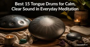 Cozy 16:9 photorealistic image of a 13-inch 15-note D‑Major tongue drum as the focal hero, with a handpan and a small meditation drum nearby on a wooden table, candles and crystals around; large white title centered at top: 'Best 15 Tongue Drums for Calm, Clear Sound in Everyday Meditation'; small 'sacredself.co' watermark bottom right.