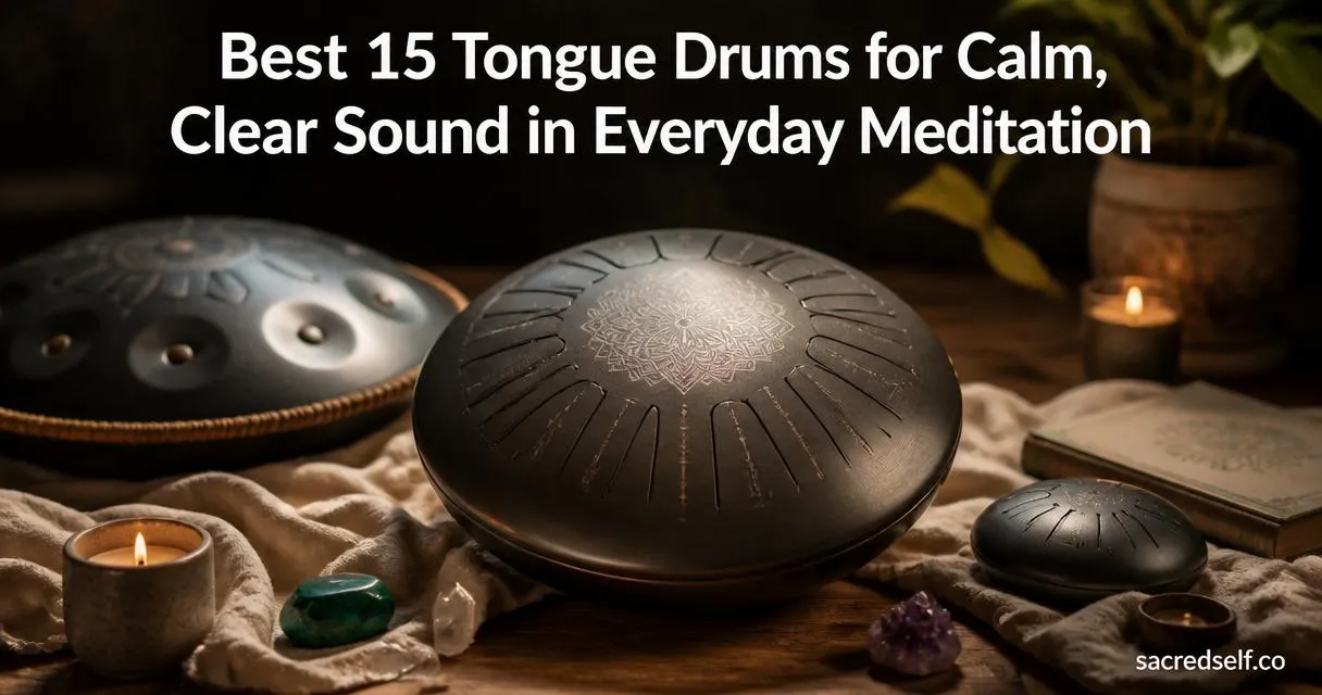 Cozy 16:9 photorealistic image of a 13-inch 15-note D‑Major tongue drum as the focal hero, with a handpan and a small meditation drum nearby on a wooden table, candles and crystals around; large white title centered at top: 'Best 15 Tongue Drums for Calm, Clear Sound in Everyday Meditation'; small 'sacredself.co' watermark bottom right.
