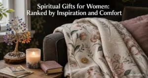 Photorealistic 16:9 cozy arrangement featuring a floral scripture throw blanket as the hero item on a dark sofa, with a crystal candle and chakra crystal tree nearby, warm natural window light, soft bokeh background; large white title at top and small 'sacredself.co' watermark bottom right.