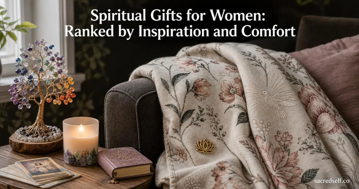 Photorealistic 16:9 cozy arrangement featuring a floral scripture throw blanket as the hero item on a dark sofa, with a crystal candle and chakra crystal tree nearby, warm natural window light, soft bokeh background; large white title at top and small 'sacredself.co' watermark bottom right.