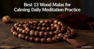 Photorealistic still life of a Rosewood and Tulsi wood mala coiled on a dark table with large white title at top and small 'sacredself.co' watermark in the bottom right.