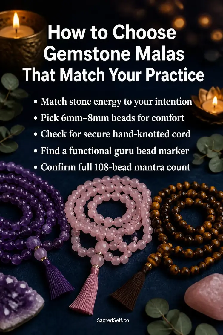 Colorful natural stone mala beads in purple, pink and golden brown arranged on deep indigo surface with candles and eucalyptus leaves - gemstones malas