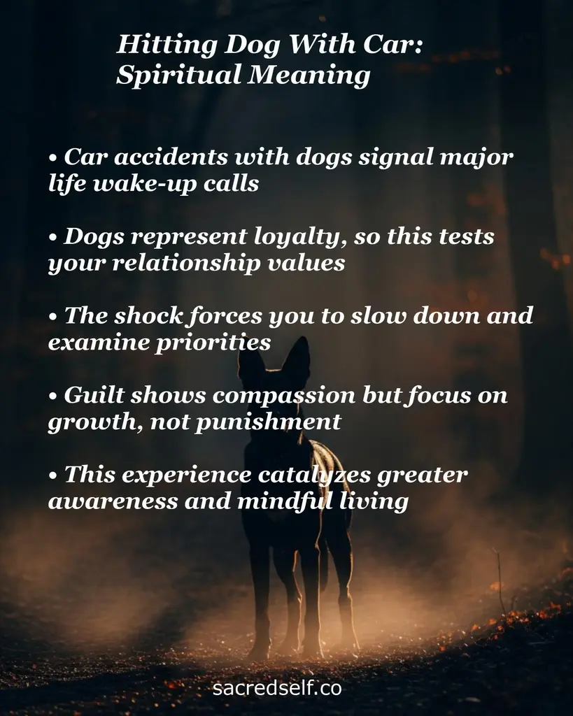 Dog silhouette on misty road with overlay text about hitting a dog with a car: wake-up call, loyalty test, slow, compassion