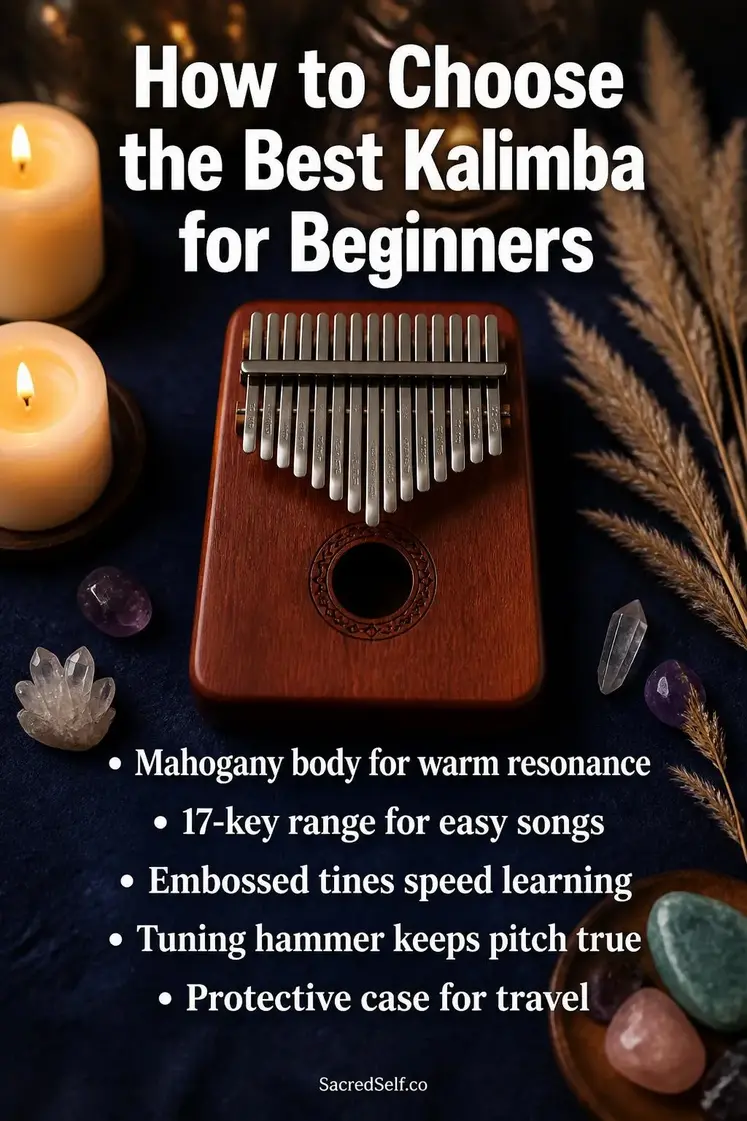 Mahogany kalimba thumb piano with steel tines surrounded by cream candles, crystals and pampas grass on deep indigo surface with warm candlelight bokeh - kalimba thumb pianos