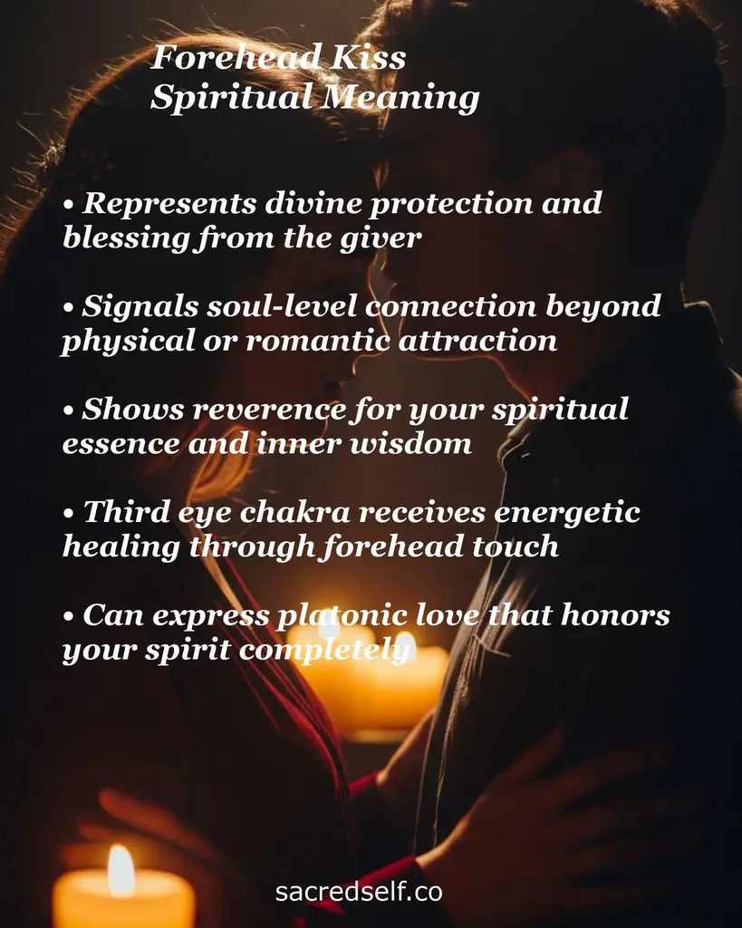 Candlelit couple with text about forehead kiss spiritual meaning: protection, soul connection, third‑eye healing