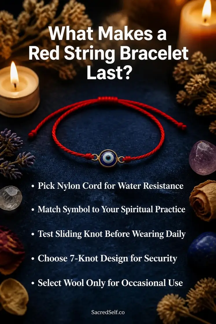 Red string bracelet with evil eye charm resting on deep indigo surface with lit candles, crystals and dried botanicals creating warm spiritual atmosphere - red string bracelet for protection