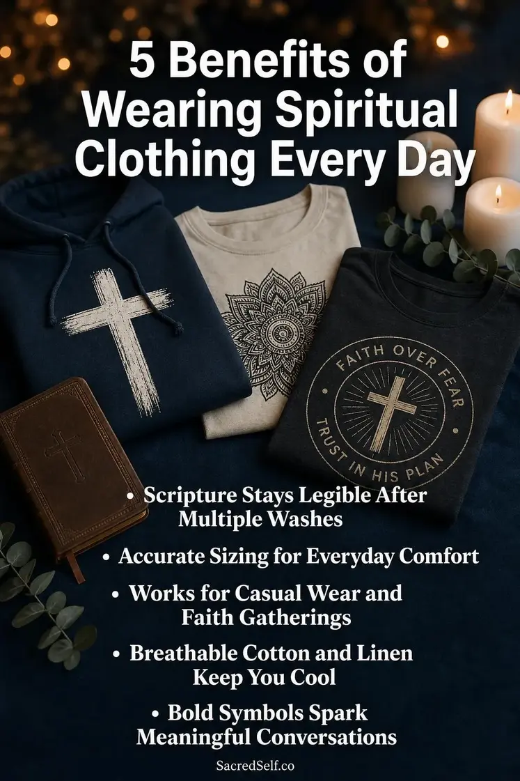 Folded graphic tees and hoodie with cross and mandala prints arranged on deep indigo surface with leather book, white candles and eucalyptus sprigs - spiritual clothing for men