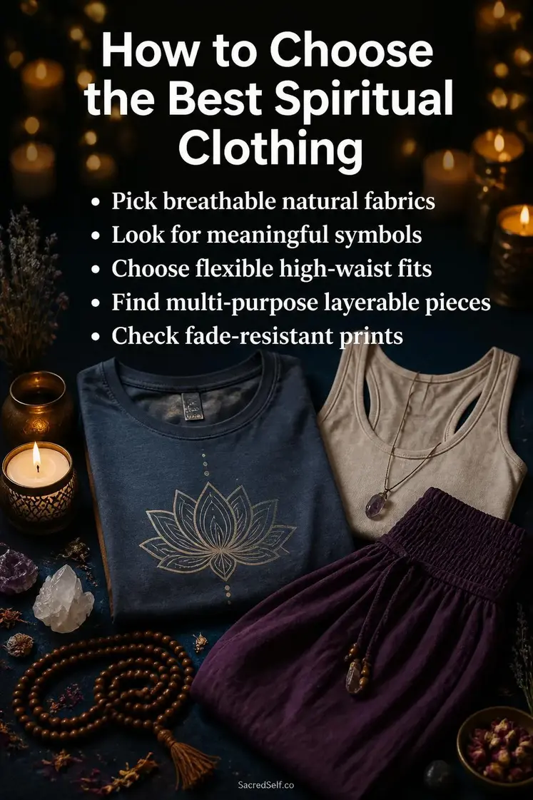 Folded clothing with lotus symbols, candles, crystals and prayer beads arranged on deep indigo surface - spiritual clothing for women