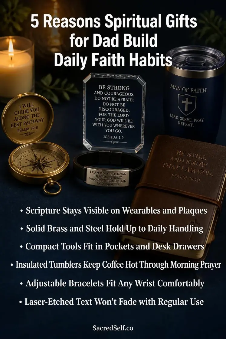 Brass compass, scripture bracelet, crystal plaque with biblical verse, insulated tumbler and leather journal arranged on deep indigo surface with cream candles and warm lighting - spiritual gifts for dad