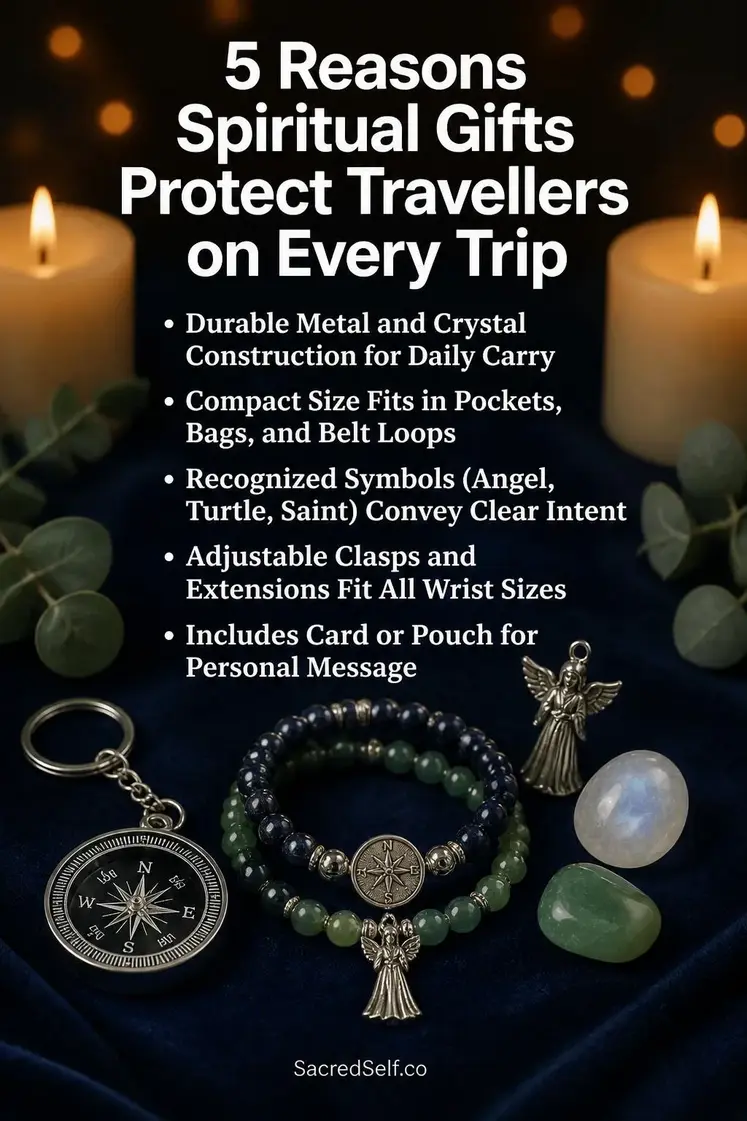 Protective travel bracelets with crystals, compass charm, and angel token displayed on deep indigo surface with warm candles and eucalyptus - spiritual gifts for travellers
