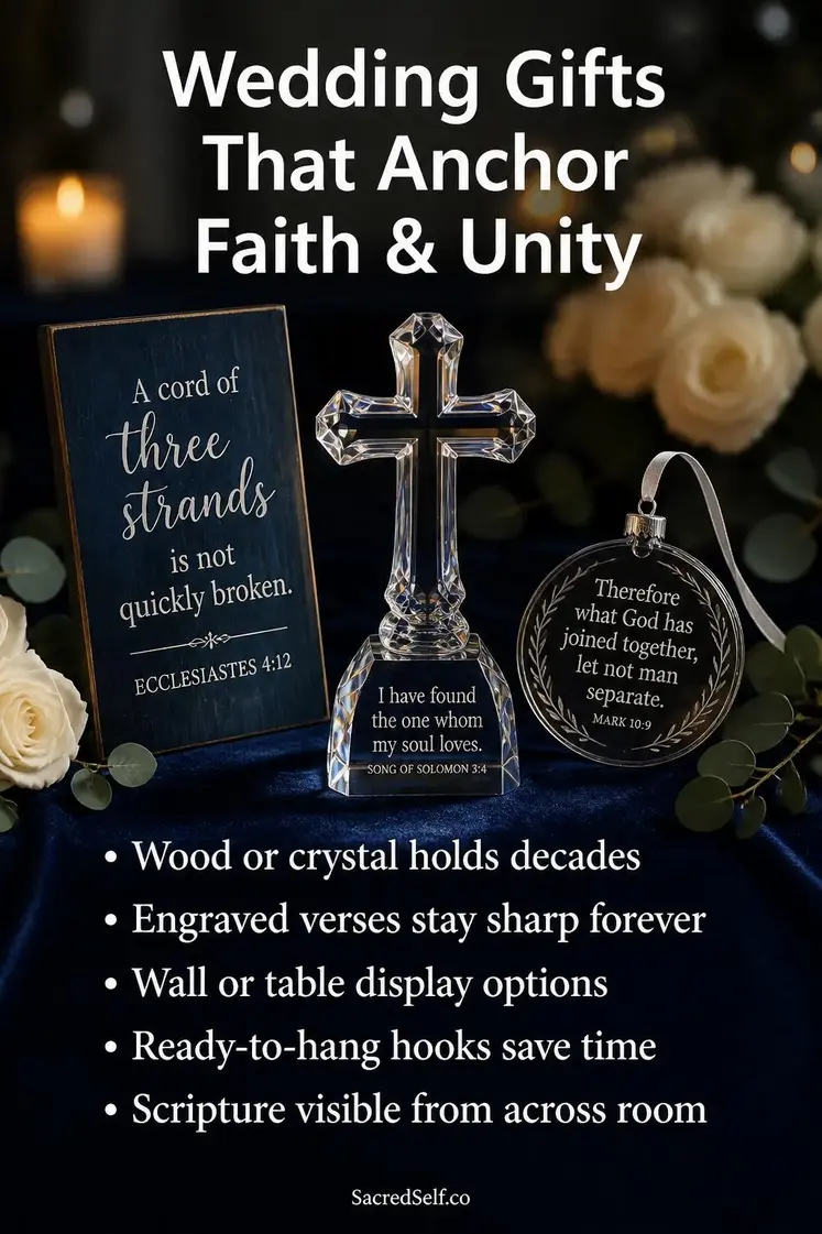 Wooden prayer plaque with cross ornament and white roses arranged on deep indigo velvet surface with warm candlelight - spiritual gifts for wedding day