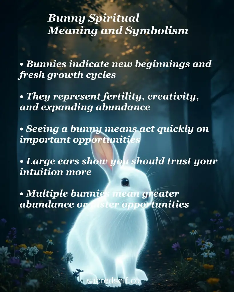 Glowing white bunny in moonlit forest with text about spiritual meaning: new beginnings, fertility, intuition, abundance
