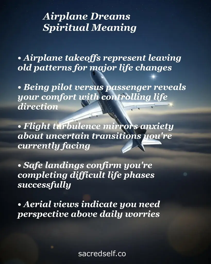 Airplane over clouds at dusk with text about spiritual meanings of airplane dreams: takeoff, pilot/passenger, turbulence