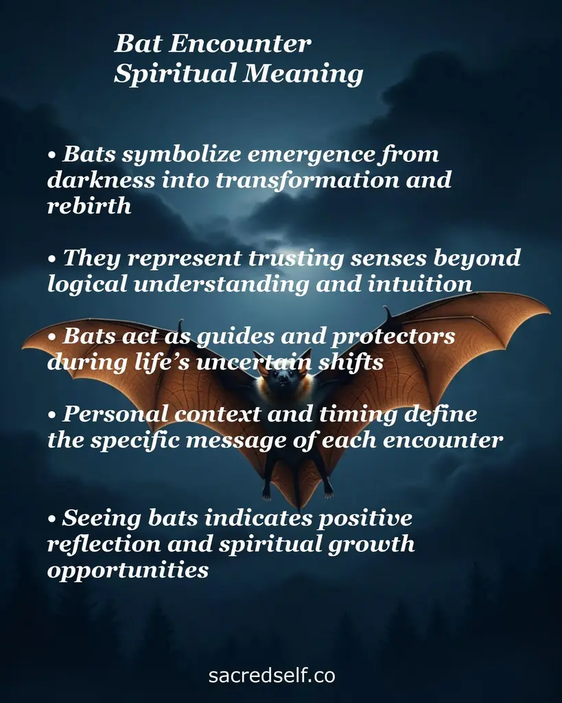 Flying bat over moonlit clouds with overlaid text about transformation, intuition, guidance, timing, and spiritual growth
