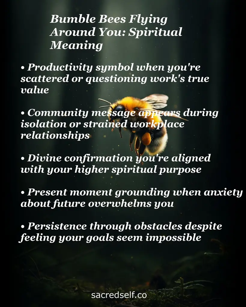 Bumblebee over dark woodland with overlaid text about spiritual meanings: productivity, community, divine alignment, grounding