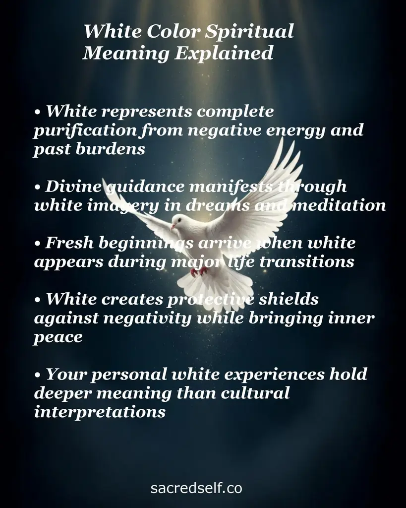 White dove over a beam of light with text explaining spiritual meanings of white: purification, protection, new beginnings.