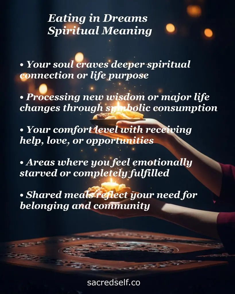 Hands holding glowing offering with overlay text on the spiritual meaning of eating in a dream: craving purpose and belonging