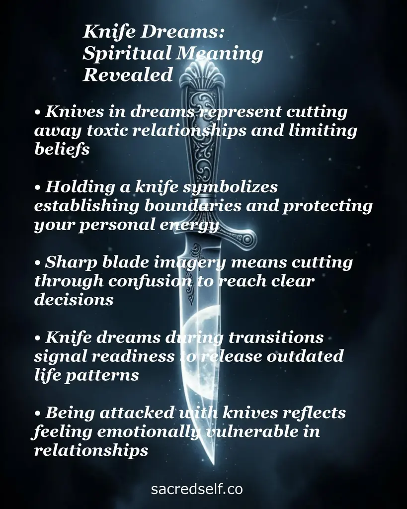 Ornate dagger over moonlit sky with text about spiritual meaning of knife dreams: cutting ties, setting boundaries, clarity