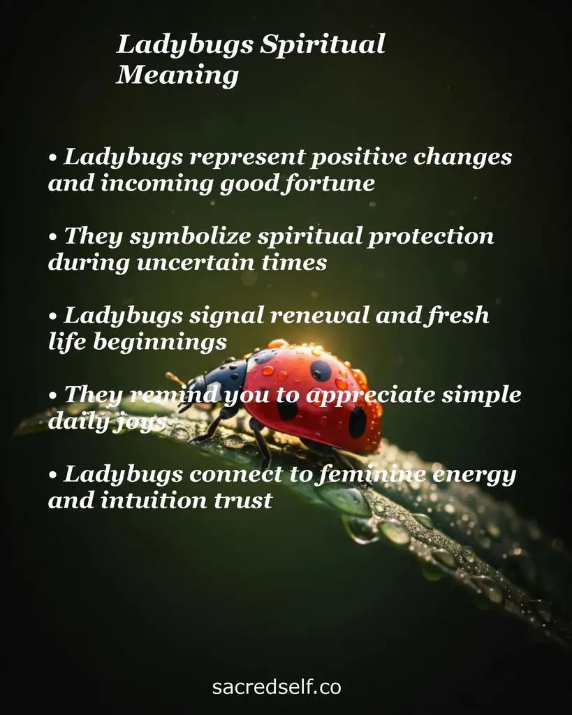 Image of a ladybug on a dewy leaf with text overlay about positive change, protection, renewal, joy, and feminine intuition