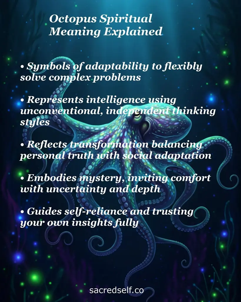 Glowing octopus on dark seabed with overlay text about adaptability, intelligence, transformation, mystery, self-reliance
