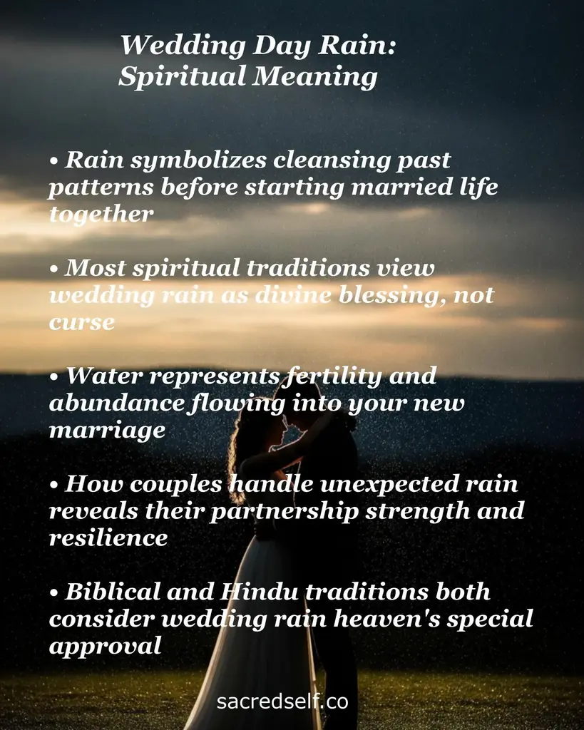 Silhouetted couple in rain with text about wedding day rain's spiritual meaning: cleansing, blessing, fertility, resilience, approval