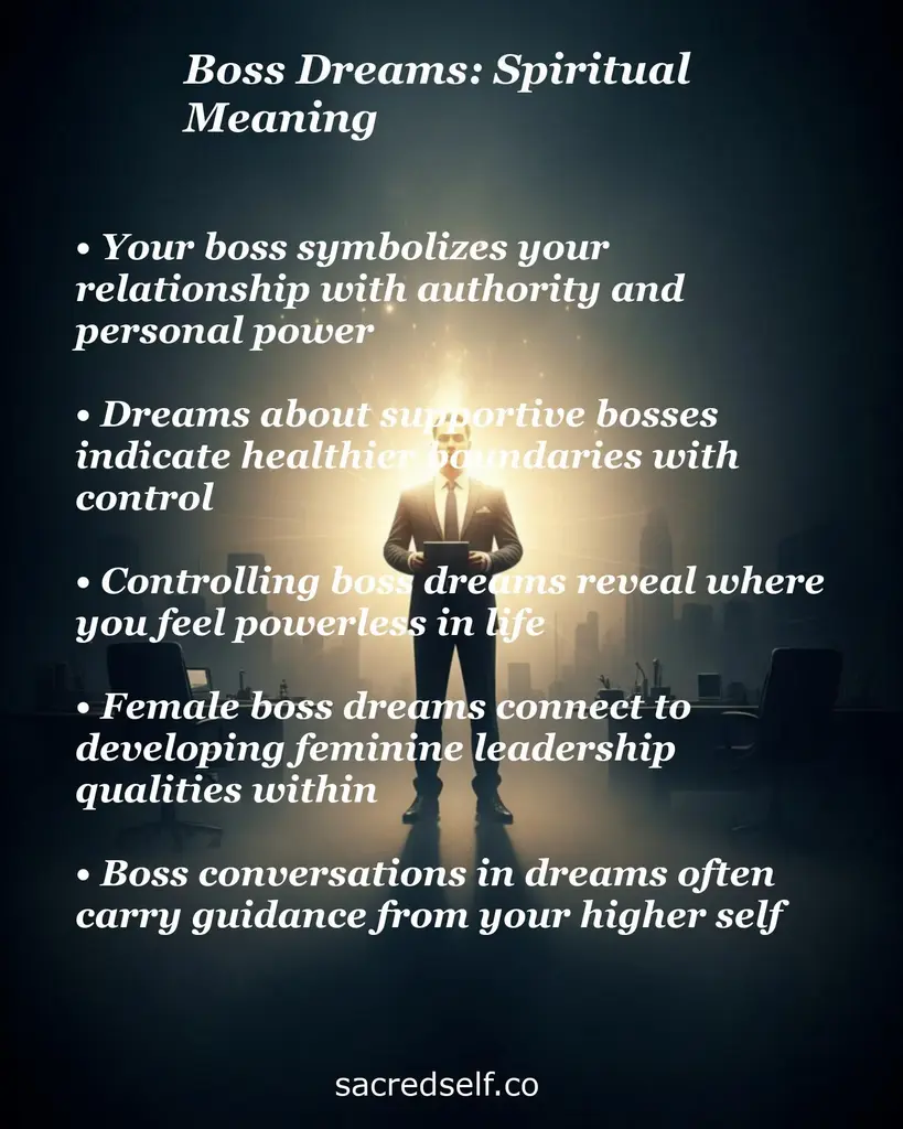Backlit suited figure with text about dreams: authority, supportive or controlling bosses, feminine leadership, guidance.