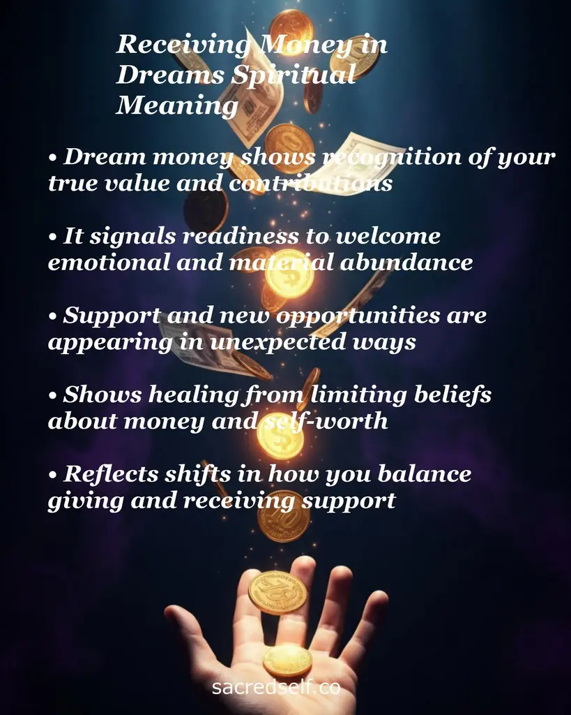 Hand catching falling coins and bills with overlay text about the spiritual meaning of receiving money in dreams