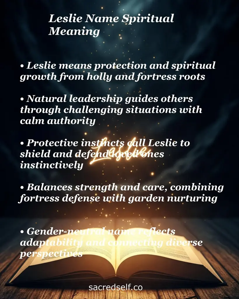 Glowing open book with sparkles and text about the spiritual meaning of Leslie: protection, leadership, nurture