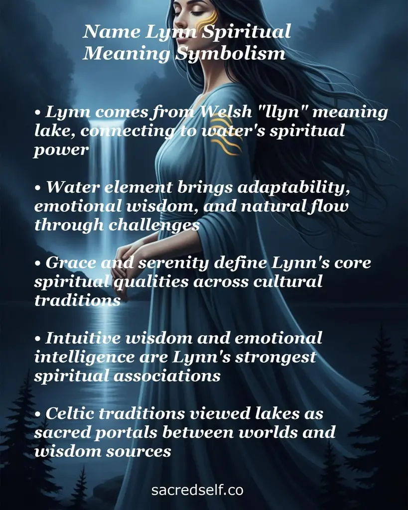 Moonlit woman by a waterfall with text about the spiritual meaning of the name Lynn: water, intuition, grace