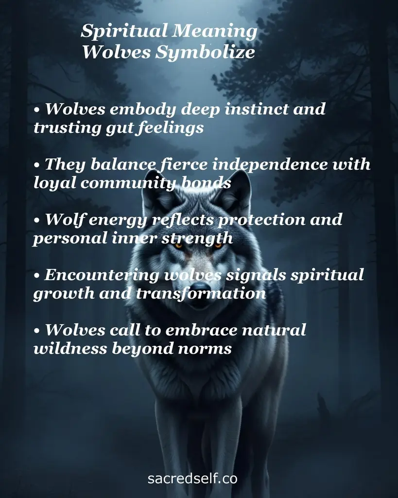 Wolf in a misty forest with text overlay about spiritual meanings: instinct, loyalty, protection, transformation, wildness