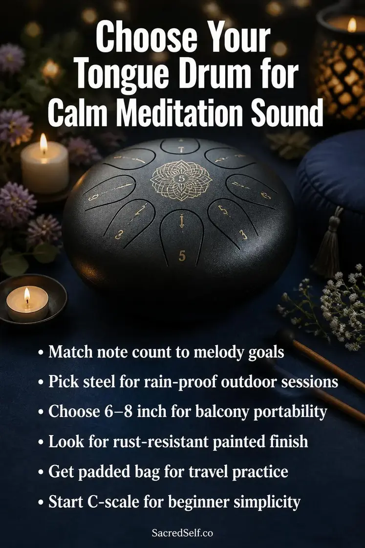 Steel tongue drum with mallets resting on deep indigo surface beside warm candles, botanical sprigs, and meditation cushion in soft bokeh lighting — best tongue drums for meditation
