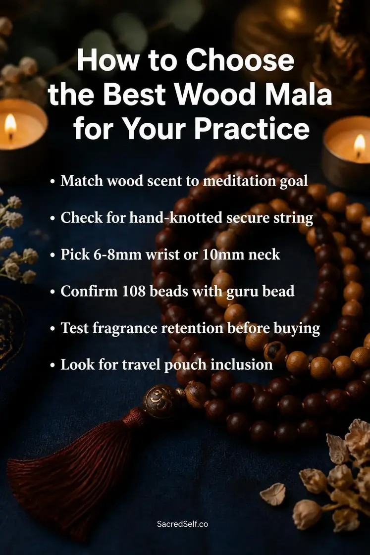 Wooden mala prayer beads with tassel arranged on deep indigo surface with cream candles and soft botanical elements - wood malas for meditation