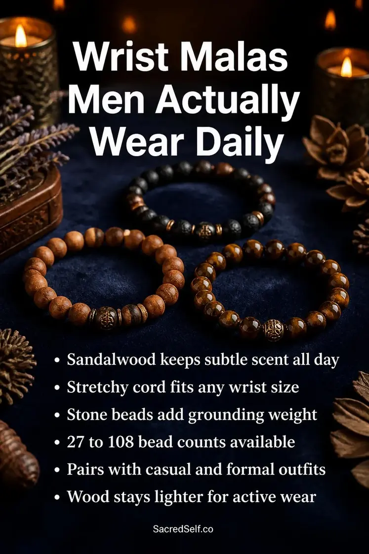 Dark wood and stone bead bracelets arranged on deep indigo surface with warm candles and soft botanical accents - wrist malas for men